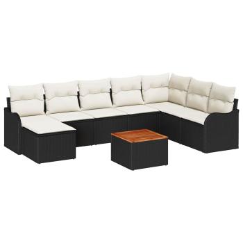 9-teiliges Garten Sofa Set mit Kissen Schwarz Poly Rattan Akazie, 2-Sitzer Garten Sofa mit Kissen Schwarz Poly Rattan