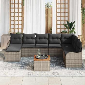 9-teiliges Garten Sofa Set mit Kissen Grau Poly Rattan Akazie, 2-Sitzer Garten Sofa mit Kissen Grau Poly Rattan