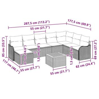 9-teiliges Garten Sofa Set mit Kissen Grau Poly Rattan Akazie, 2-Sitzer Garten Sofa mit Kissen Grau Poly Rattan