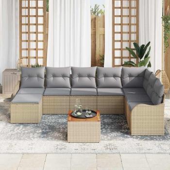 9-teiliges Garten-Sofaset mit Kissen Beige Poly Rattan Akazie, 2-Sitzer-Garten-Sofa mit Kissen Beige Poly Rattan