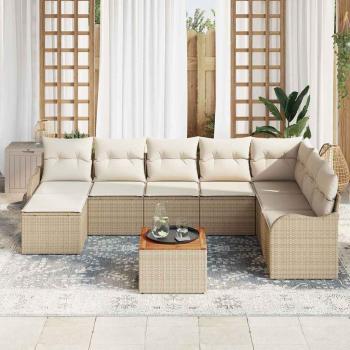 9-teiliges Garten Sofaset mit Kissen Beige Poly Rattan Akazie, 2-Sitzer Garten Sofaset mit Kissen Beige Poly Rattan