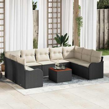 ARDEBO.de - 10-teiliges Garten Sofa Set mit Kissen Schwarz Poly Rattan Akazie, 2-Sitzer Garten Sofa mit Kissen Schwarz Poly Rattan