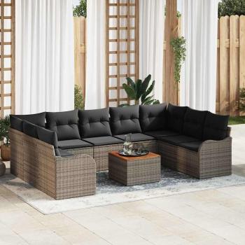 ARDEBO.de - 10-teiliges Garten Sofa Set mit Kissen Grau Poly-Rattan Akazie, 2-Sitzer Garten Sofa mit Kissen Grau Poly-Rattan
