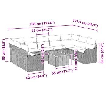 10-teiliges Garten Sofa Set mit Kissen Grau Poly-Rattan Akazie, 2-Sitzer Garten Sofa mit Kissen Grau Poly-Rattan