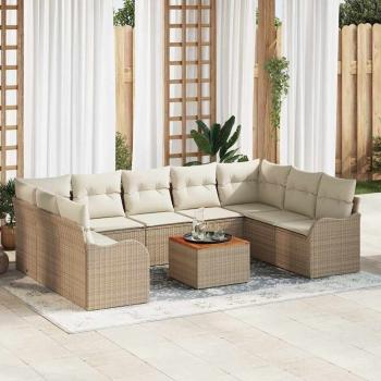 ARDEBO.de - 10-teiliges Garten Sofa Set mit Kissen Beige Poly Rattan Akazie, 2-Sitzer Garten Sofa mit Kissen Beige Poly Rattan