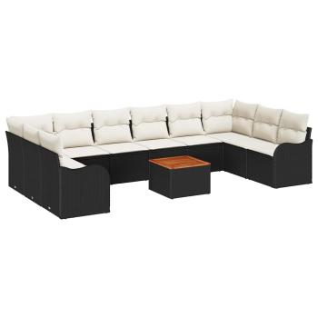11-teilige Garten Sofa Set mit Kissen Schwarz Poly Rattan Akazie, 2-Sitzer Garten Sofa mit Kissen Schwarz Poly Rattan