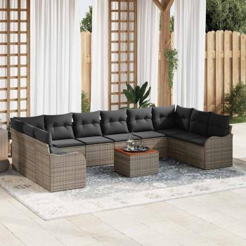 ARDEBO.de - 11-teiliges Garten Sofa Set mit Kissen Grau Poly Rattan Akazie, 2-Sitzer Garten Sofa mit Kissen Grau Poly Rattan