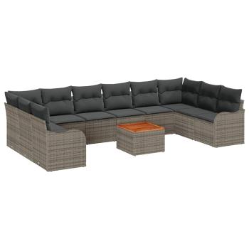 11-teiliges Garten Sofa Set mit Kissen Grau Poly Rattan Akazie, 2-Sitzer Garten Sofa mit Kissen Grau Poly Rattan