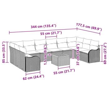 11-teiliges Garten Sofa Set mit Kissen Grau Poly Rattan Akazie, 2-Sitzer Garten Sofa mit Kissen Grau Poly Rattan