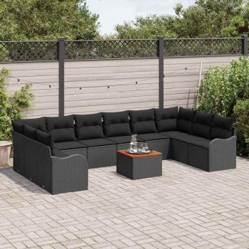 ARDEBO.de - 11-teiliges Garten-Sofa-Set mit Kissen Schwarzes Poly-Rattan Akazie, 2-Sitzer Garten-Sofa mit Kissen Schwarzes Poly-Rattan
