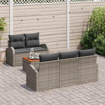 6-teiliges Garten Sofa Set mit Kissen Grau Poly Rattan Akazie