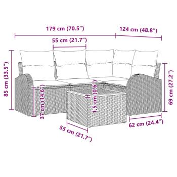 5-teiliges Garten Sofa Set mit Kissen Schwarz Poly Rattan Akazie
