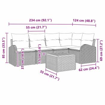 6-teiliges Garten Sofa Set mit Kissen in Schwarz, Poly Rattan, Akazie