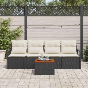 5-teilige Garten-Sofa Set mit Kissen Schwarz Poly Rattan Akazie, 2-Sitzer Garten-Sofa mit Kissen Schwarz Poly Rattan