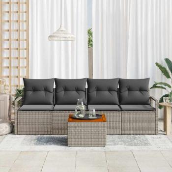 5-teiliges Garten-Sofa-Set mit Kissen Grau Poly Rattan Akazie, 2-Sitzer Garten-Sofa mit Kissen Grau Poly Rattan