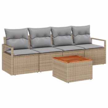 5-teiliges Garten-Sofa-Set mit Kissen Beige Poly Rattan Akazie, 2-Sitzer Garten-Sofa mit Kissen Beige Poly Rattan