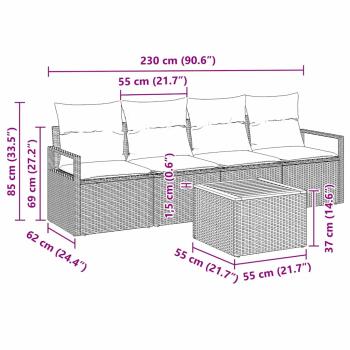 5-teiliges Garten Sofa Set mit Kissen Schwarz Poly Rattan Akazie, 2-Sitzer Garten Sofa mit Kissen Schwarz Poly Rattan