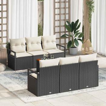 ARDEBO.de - 7-teiliges Garten Sofa Set mit Kissen Schwarz Poly Rattan Akazie, 2-Sitzer Garten Sofa mit Kissen Schwarz Poly Rattan