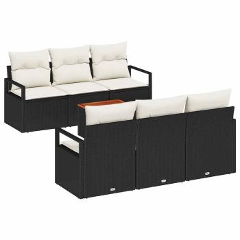 7-teiliges Garten Sofa Set mit Kissen Schwarz Poly Rattan Akazie, 2-Sitzer Garten Sofa mit Kissen Schwarz Poly Rattan