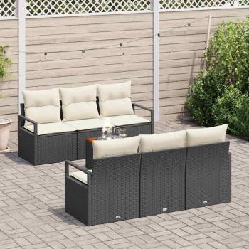 7-teiliges Garten Sofa Set mit Kissen Schwarz Poly Rattan Akazie, 2-Sitzer Garten Sofa mit Kissen Schwarz Poly Rattan