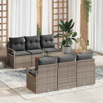 ARDEBO.de - 7-teilige Gartensofagarnitur mit Kissen Grau Poly Rattan Akazie, 2-Sitzer Gartensofa mit Kissen Grau Poly Rattan