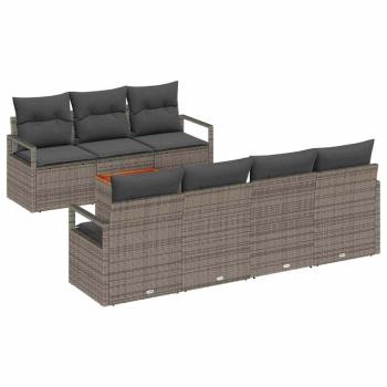 7-teilige Gartensofagarnitur mit Kissen Grau Poly Rattan Akazie, 2-Sitzer Gartensofa mit Kissen Grau Poly Rattan