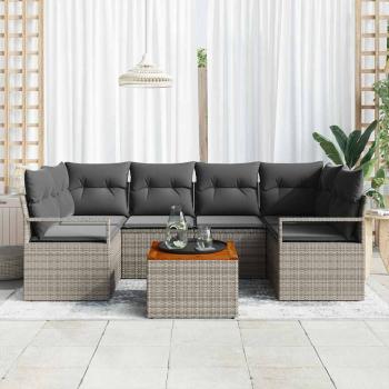 7-teiliges Garten-Sofa-Set mit Kissen Grau Poly Rattan Akazie, 2-Sitzer Garten-Sofa mit Kissen Grau Poly Rattan