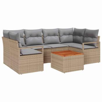 7-teiliges Garten-Sofa-Set mit Kissen Beige Poly Rattan Akazie, 2-Sitzer Garten-Sofa mit Kissen Beige Poly Rattan