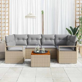 7-teiliges Garten-Sofa-Set mit Kissen Beige Poly Rattan Akazie, 2-Sitzer Garten-Sofa mit Kissen Beige Poly Rattan