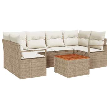 7-teiliges Garten-Sofa-Set mit Kissen Beige Poly Rattan Akazie, 2-Sitzer Garten-Sofa mit Kissen Beige Poly Rattan
