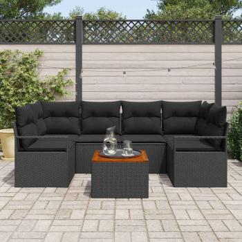7-teiliges Garten-Sofa-Set mit Kissen Schwarz Poly-Rattan Akazie, 2-Sitzer Garten-Sofa mit Kissen Schwarz Poly-Rattan