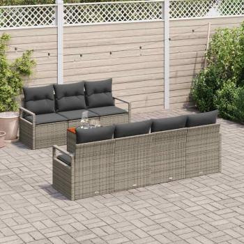 8-teiliges Garten-Sofa-Set mit Kissen Grau Poly-Rattan Akazie, 2-Sitzer Garten-Sofa mit Kissen Grau Poly-Rattan
