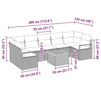 8-teiliges Garten-Sofaset mit Kissen Grau Poly-Rattan Akazie, 2-Sitzer Garten-Sofa mit Kissen Grau Poly-Rattan