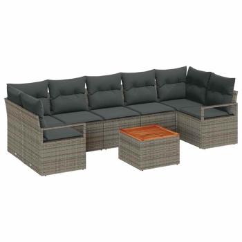 8-teiliges Garten-Sofaset mit Kissen Grau Poly-Rattan Akazie, 2-Sitzer Garten-Sofa mit Kissen Grau Poly-Rattan