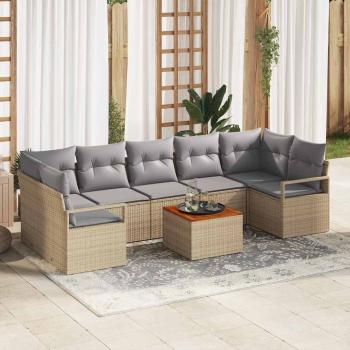 ARDEBO.de - 8-teiliges Garten-Sofa-Set mit Kissen Beige Poly-Rattan Akazie, 2-Sitzer Garten-Sofa mit Kissen Beige Poly-Rattan