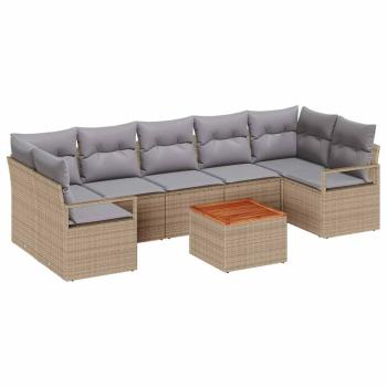 8-teiliges Garten-Sofa-Set mit Kissen Beige Poly-Rattan Akazie, 2-Sitzer Garten-Sofa mit Kissen Beige Poly-Rattan