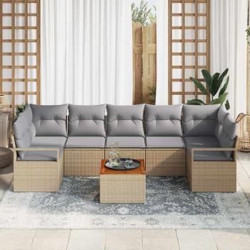 8-teiliges Garten-Sofa-Set mit Kissen Beige Poly-Rattan Akazie, 2-Sitzer Garten-Sofa mit Kissen Beige Poly-Rattan
