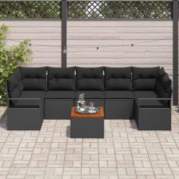 8-teiliges Garten-Sofa-Set mit Kissen Schwarz Poly-Rattan Akazie, 2-Sitzer Garten-Sofa mit Kissen Schwarz Poly-Rattan