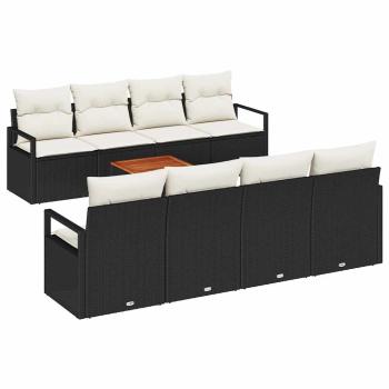 9-teiliges Garten Sofa Set mit Kissen Schwarz Poly Rattan Akazie, 2-Sitzer Garten Sofa mit Kissen Schwarz Poly Rattan