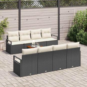 9-teiliges Garten Sofa Set mit Kissen Schwarz Poly Rattan Akazie, 2-Sitzer Garten Sofa mit Kissen Schwarz Poly Rattan