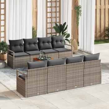 ARDEBO.de - 9-teiliges Garten Sofa Set mit Kissen Grau Poly Rattan Akazie, 2-Sitzer Garten Sofa mit Kissen Grau Poly Rattan
