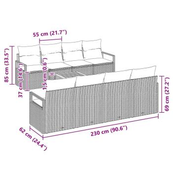9-teiliges Garten Sofa Set mit Kissen Grau Poly Rattan Akazie, 2-Sitzer Garten Sofa mit Kissen Grau Poly Rattan