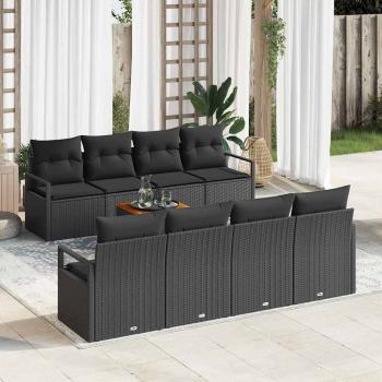 ARDEBO.de - 9-teilige Garten Sofa Set mit Kissen Schwarz Poly Rattan Akazie, 2-Sitzer Garten Sofa mit Kissen Schwarz Poly Rattan