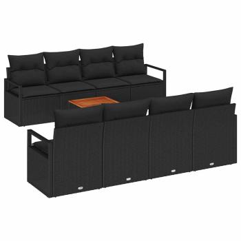 9-teilige Garten Sofa Set mit Kissen Schwarz Poly Rattan Akazie, 2-Sitzer Garten Sofa mit Kissen Schwarz Poly Rattan