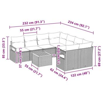 9-teiliges Garten-Sofa-Set mit Kissen Grau Poly Rattan Akazie, 2-Sitzer Garten-Sofa mit Kissen Grau Poly Rattan