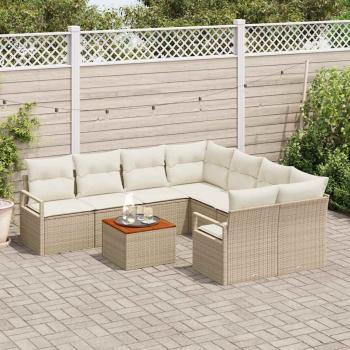 9-teiliges Garten Sofa Set mit Kissen Beige Poly Rattan Akazie, 2-Sitzer Garten Sofa mit Kissen Beige Poly Rattan