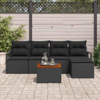 6-teiliges Garten-Sofa-Set mit Kissen Schwarzes Poly-Rattan Akazie, 2-Sitzer Garten-Sofa mit Kissen Schwarzes Poly-Rattan