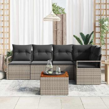 6-teiliges Garten Sofaset mit Kissen Grau Poly Rattan Akazie, 2-Sitzer Garten Sofa mit Kissen Grau Poly Rattan