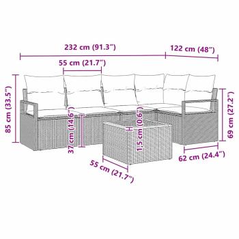 6-teiliges Garten Sofaset mit Kissen Grau Poly Rattan Akazie, 2-Sitzer Garten Sofa mit Kissen Grau Poly Rattan