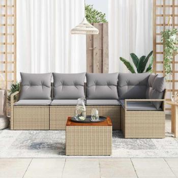 6-teiliges Garten Sofa Set mit Kissen Beige Poly Rattan Akazie, 2-Sitzer Garten Sofa mit Kissen Beige Poly Rattan